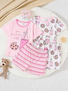 SHEIN Playful Pals Baby Girl Multiple Set Combination, 2 Sets Of Comfortable Short-Sleeved Shorts Printed With Cute Biscuits - Pink - View 9