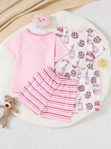 SHEIN Playful Pals Baby Girl Multiple Set Combination, 2 Sets Of Comfortable Short-Sleeved Shorts Printed With Cute Biscuits - Pink - View 2