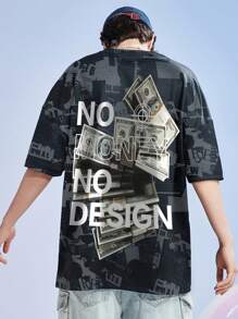 Men's Letter & Dollar Sign Printed Short Sleeve T-Shirt - Black - View 1