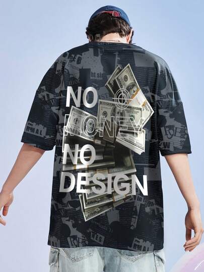 Camiseta de manga corta para hombre con estampado de letra y signo de dólar