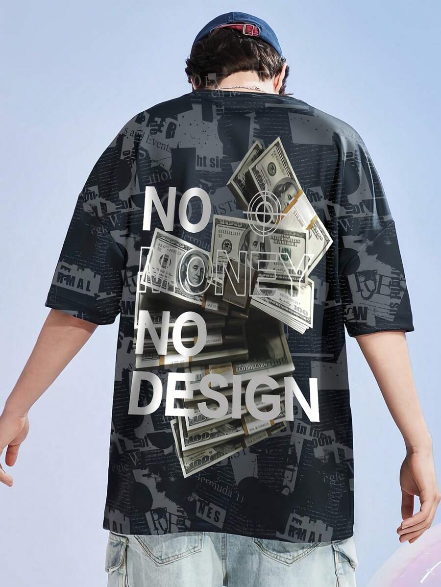 Men's Letter & Dollar Sign Printed Short Sleeve T-Shirt - Black - View 1