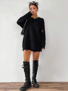 SHEIN Unity Suéter desgastado con hombros caídos, Blusas de manga larga