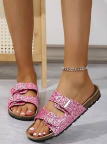 2024新春季大尺碼女士平底涼鞋,歐美風格的開趾拖鞋 - 粉色 - 查看 2