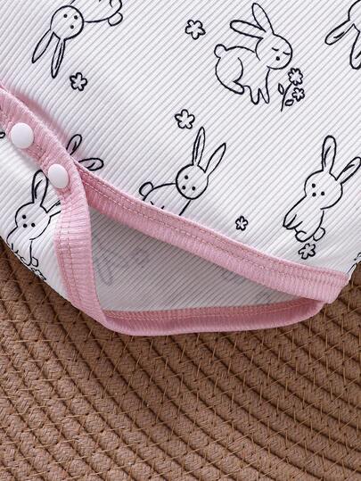 Baby Girl Simple & Cute Rabbit Printed Long Sleeve Romper, 2pcs/Set Home Clothes