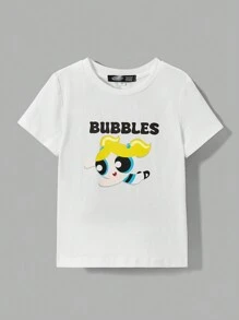 THE POWERPUFF GIRLS X SHEIN Cô Gái Trẻ Hình ảnh hoạt hình và chữ cái Áo thun - trắng - Xem 1
