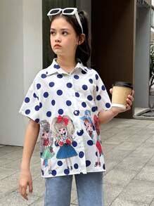 SHEIN Cô gái Tween Thể thao Phong cách đường phố Lỏng lẻo phù hợp In Ngắn tay Áo sơ mi Với Chân dung Và Hình vết tròng Polka Cho mùa xuân Và Mùa hè - Nhiều màu - Xem 3