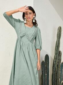 Mulvari Vestido De Manga De Linterna Con Cuello Cuadrado Y Encaje Soluble En Agua Y Parches De Color Sólido