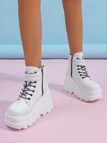 ROMWE Kawaii 女士側拉鍊厚底純色踝靴和短靴 - 白色 - 查看 5