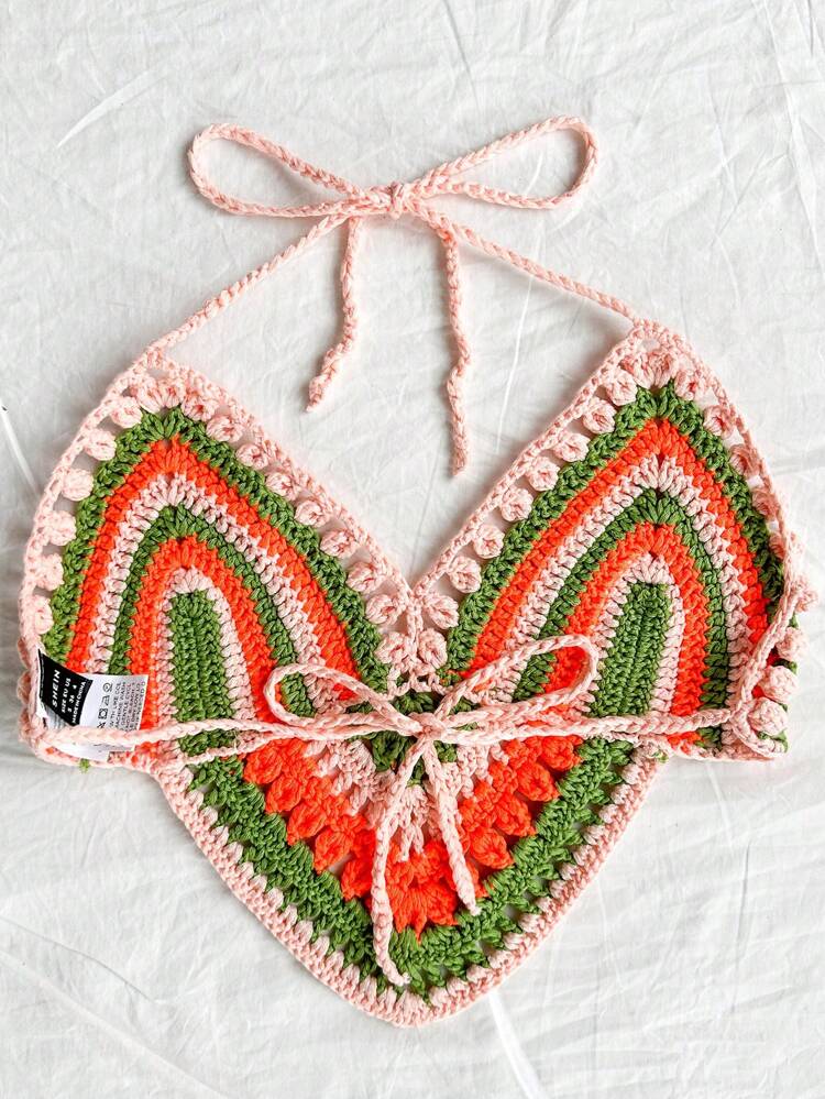 Women's Color Block Striped Open Back Knitted Tank Top With Halter Neckline