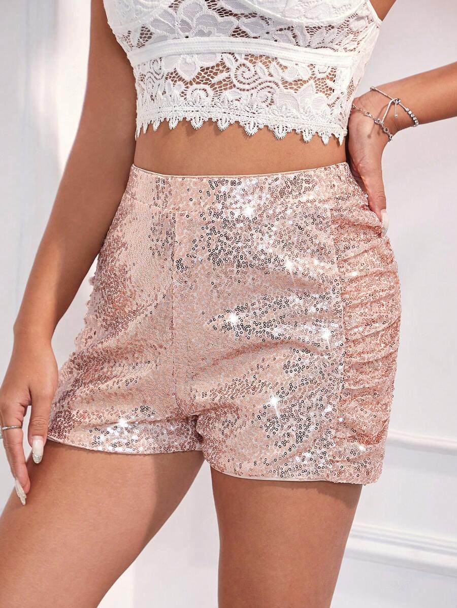 Zolique Glitter Side Stripe Pleated Casual Shorts - Champagne - View 1