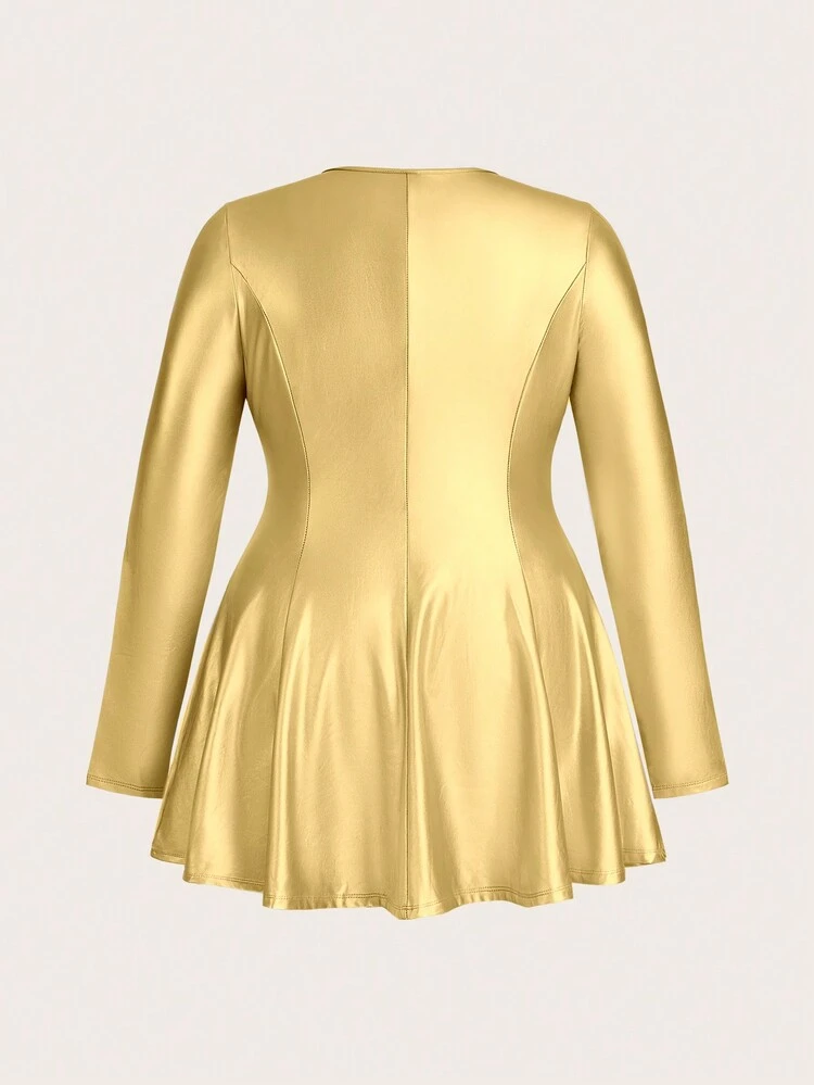 Plus Size Women's Metallic Fabric Dress With Front Tie Design