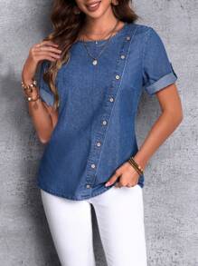 EMERY ROSE Áo denim Với Nghiêng Không nút Và - Màu xanh lam - Xem 1
