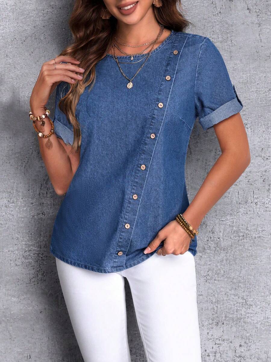 EMERY ROSE Áo denim Với Nghiêng Không nút Và - Màu xanh lam - Xem 1