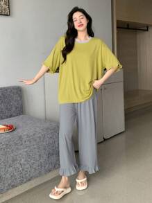 DAZY Simple Loose Fit Frill Edge Top And Pants Homewear Set Pajama - Green - View 4