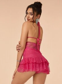 Women Dresses Backless Lace Up Tie Back Plain Seksi - Hot Pink - View 2