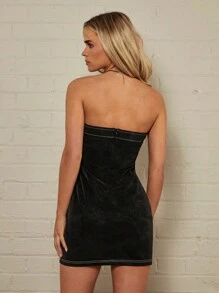 Forever 21 Vintage Style Pu Leather Strapless Dress With Distressed Look And Visible Stitching For Women - Black - View 2