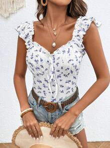 SHEIN Frenchy Women's Slim Fit Flutter Sleeve Blue And White  Floral Print Sweet Top With Ruffle Hem And Square Neck Tie, Summer