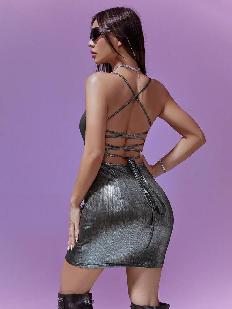 Women's Back Tie High Slit Hem Spaghetti Strap Dress