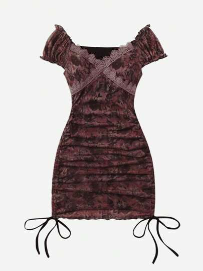 Hippie Kleid mit Schmetterling & Blume Muster, Tunnelzug