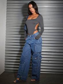 SHEIN BAE 情人節長袖女性方領性感露背連體褲 - 深灰色 - 查看 8
