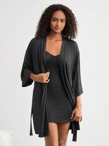 Ocili Leisure Ultra-Soft Plain Bathrobe With Blended Fabric For Silky Smooth Home-Wear Sleepwear - Dark Grey - View 7