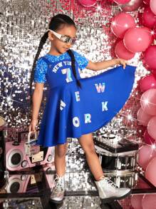 SHEIN Set Aus Bedrucktem Top Mit Perlenmuster Und Spaghettiträger Kleid Mit Buchstabenmuster Für Kleine Mädchen