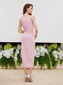 MOTF PREMIUM CONTRAST BEADED RAGLAN SLEEVE BOW WAIST WRAP HEM DRESS,HOLIDAY PARTY BIRTHDAY FORMAL EVENING OCCASSION - Pink - View 7