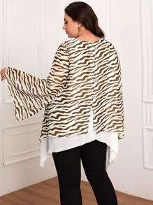 SHEIN Clasi Kích thước lớn In Vòng cổ Tay áo chuông Áo sơ mi - màu nâu - Xem 2