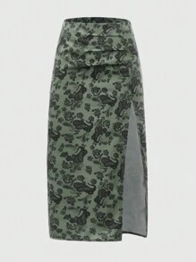 ROMWE Hippie Paisley Print Split Thigh Skirt - Green - View 1