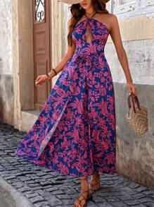 Breezaya Women's Floral Print Halter Neck Dress - Purple - View 3