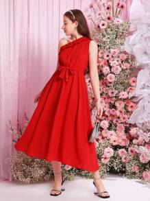 SHEIN Teen Girl Solid Color Mushroom Pleated Edge One Shoulder Strap Casual Dress - Red - View 3