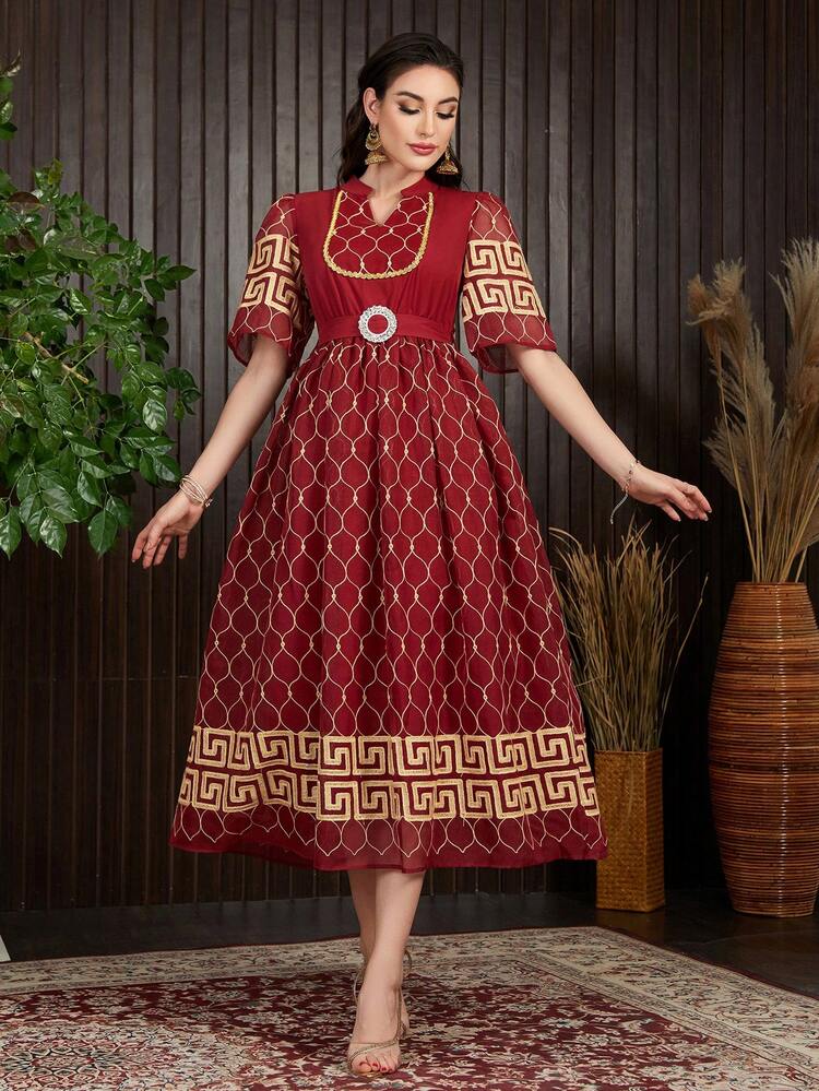 Women's Full Printed Notched Collar Belted Arabic Style Evening Dress, Elegant Evening Party Dress