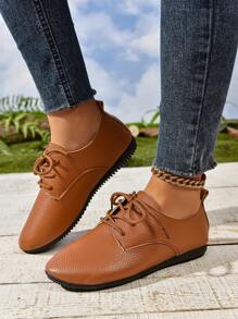 新款女式時尚舒適休閒圓頭綁帶運動鞋,防滑鞋底,大尺碼 - 棕色 - 查看 5