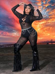 SHEIN SXY Plus Size Spring Summer  Rave Party Music Festival Country Concert Cross Strap Rhinestone Decorated Bodycon Jumpsuit - Black - View 4