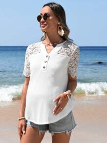 SHEIN Playera De Manga Corta De Encaje Y Parches Para Maternidad