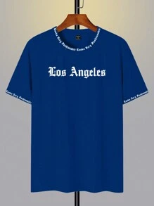 Manfinity Roghcode 男士纯色英文字母印花短袖圆领T恤，适合日常穿着、外出、休闲、运动、上学、旅行、家庭聚会等场合。短袖T恤，夏季T恤。可多件T恤作为礼物赠送给家人。2000年代风格 - 藍色 - 查看 5