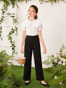 SHEIN Tween Girl Elegant & Minimalist Tweed Pants With Waist Pleats And Side Invisible Zipper - Black - View 6