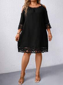 SHEIN Clasi Vestido Midi De Talla Grande Con Hombros Descubiertos Y Panel De Encaje Con Cuello Transparente - Negro - Ver 4
