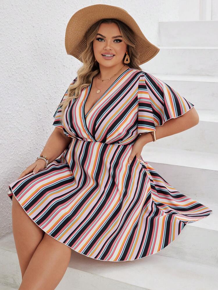 Plus Size Women's Striped Ruffle Sleeve Vacation Dress