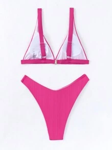 SHEIN Swim Summer Ladies' Solid Color Ribbed Bikini Set - Hot Pink - View 2