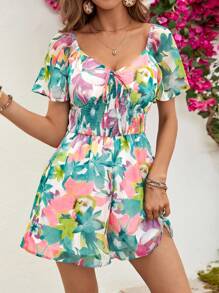 SHEIN VCAY Women's Floral Print Sweetheart Neckline Wrap Waist Romper - Multicolor - View 3