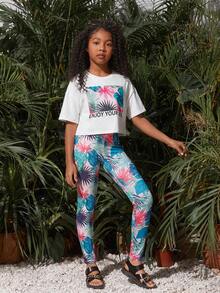 SHEIN Tween Girls'日常休閒熱帶印花圓領短袖上衣和長褲套裝 - 彩色 - 查看 5