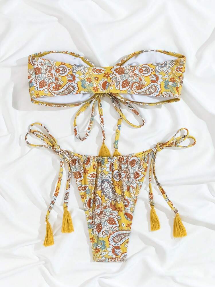 Women's Bikini Set With Paisley Print And Strapless Top Summer