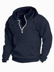 SHEIN Manfinity Homme 男士袋鼠口袋半拉鍊連帽衫 - 藏蓝色 - 查看 1