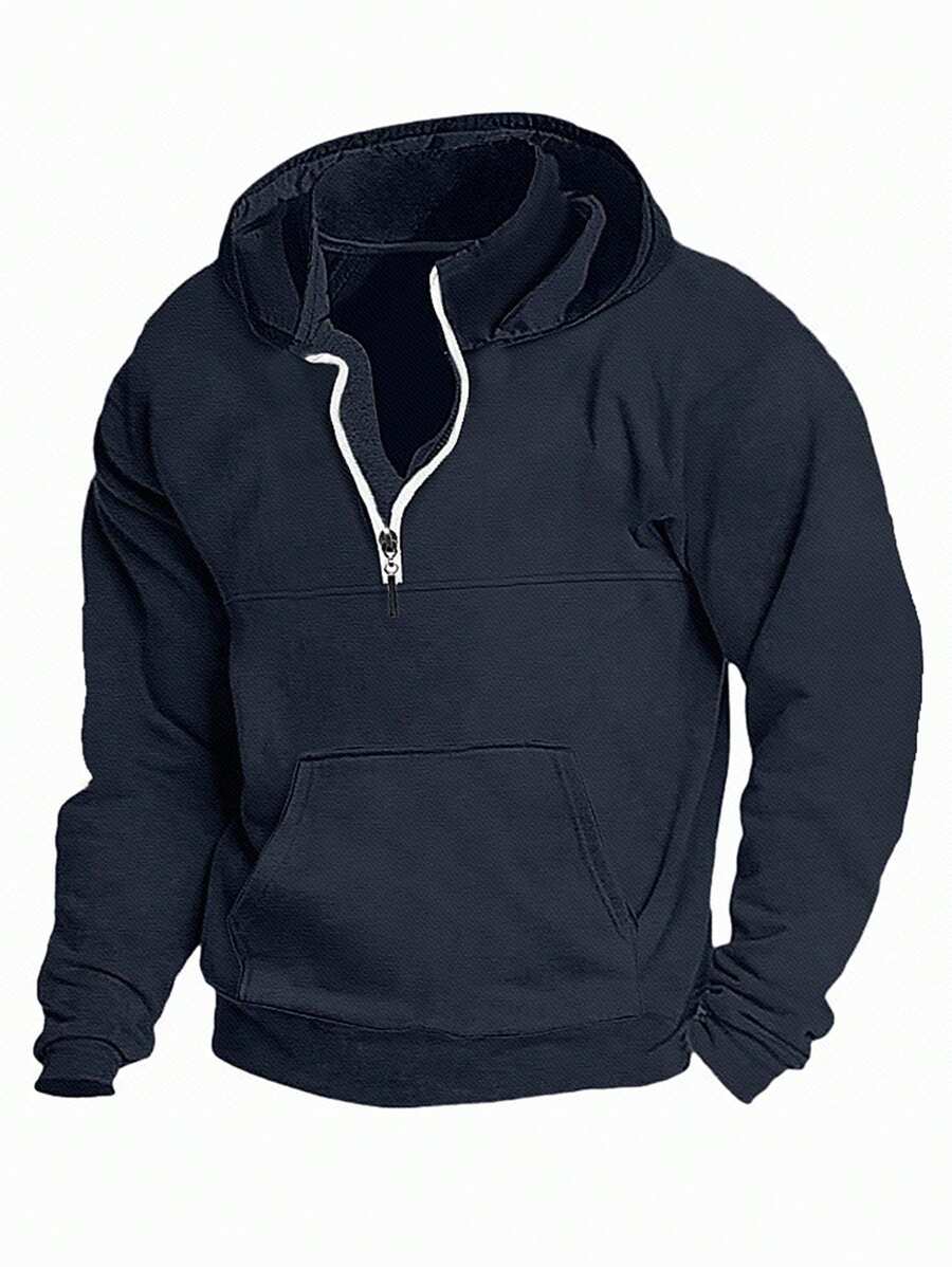 SHEIN Manfinity Homme 男士袋鼠口袋半拉鍊連帽衫 - 藏蓝色 - 查看 1