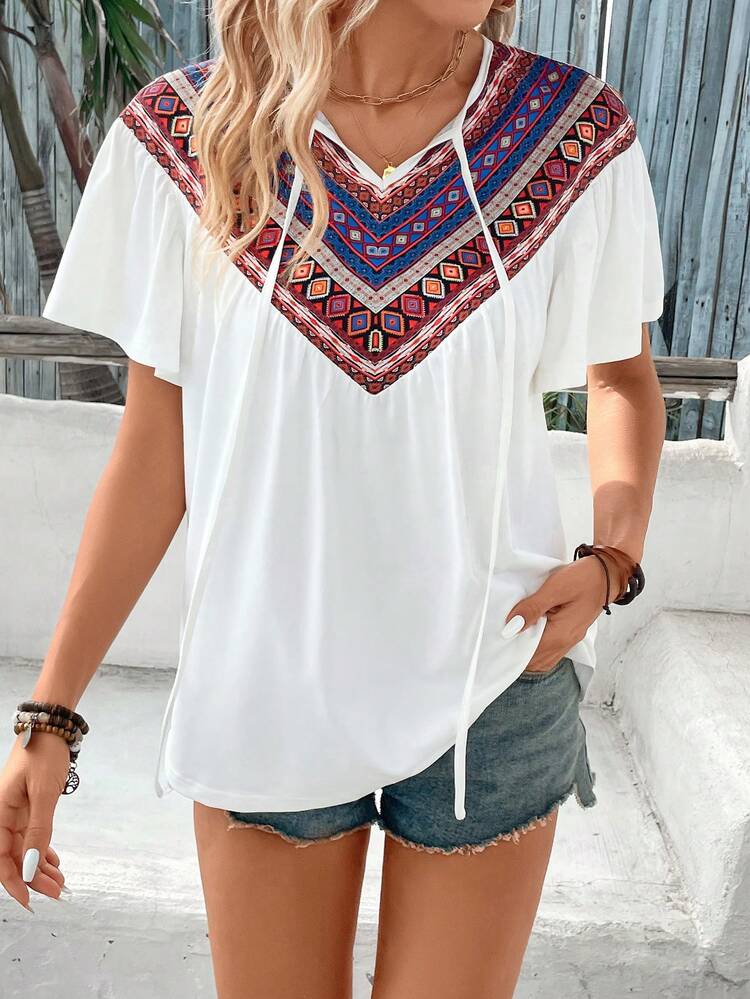 Geometric Printed Patchwork Collar Tie-Front T-Shirt