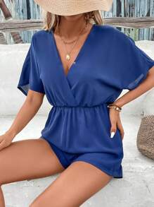 SHEIN VCAY Chất rắn Surplice cổ tay cánh Áo liền quần - Xanh đậm - Xem 6
