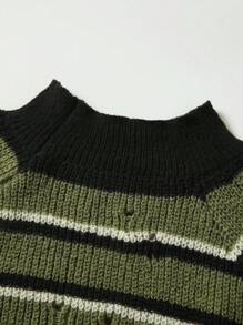 Flirla Plus Size Women's Striped Flare Sleeve Pullover Sweater Knit Pullover Fall Winter - Green - View 3