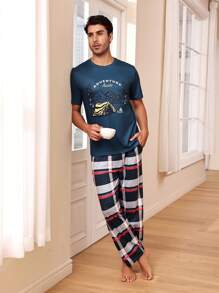 Herren Berg- Und Buchstabe-print-oberteil Mit Karierten Langhosen Homewear Set