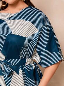 Seusyu Kích thước lớn Khối màu Sọc In Hình học tay cánh Đầm - Nhiều màu - Xem 3